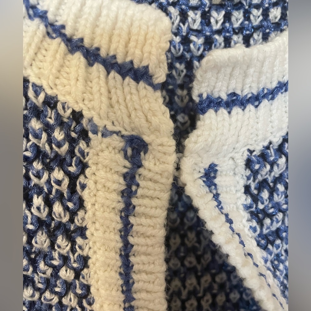 Talbots Mixed Texture Jacket Cardigan Blue White Striped Sweater Fringe XL - Picture 5 of 8